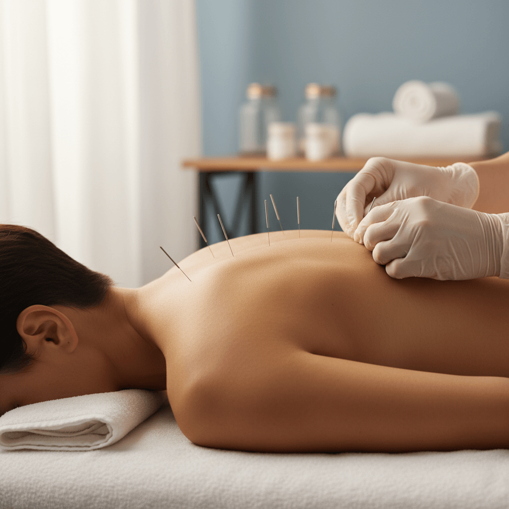 Practitioner performing acupuncture on patient's shoulder, fine needles positioned along meridian points with natural window light Practitioner performing acupuncture on patient's shoulder, fine needles positioned along meridian points with natural window light